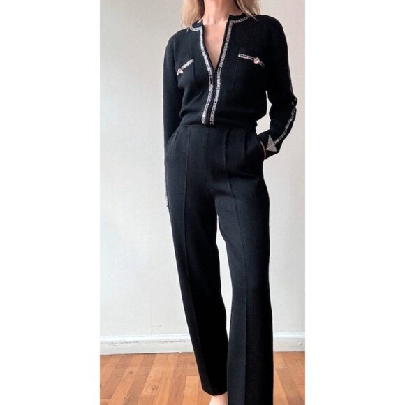 St. John By Marie Gray Knit Jumpsuit with Crystal Embellished Detail Black SZ 8 - Picture 1 of 9